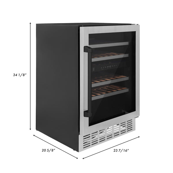 ZLINE 24" Autograph Edition Dual Zone 44-Bottle Wine Cooler in Stainless Steel with Wood Shelf and Matte Black Accents (RWVZ-UD-24-MB)