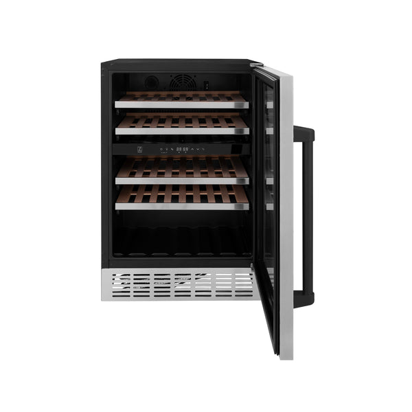 ZLINE 24" Autograph Edition Dual Zone 44-Bottle Wine Cooler in Stainless Steel with Wood Shelf and Matte Black Accents (RWVZ-UD-24-MB)