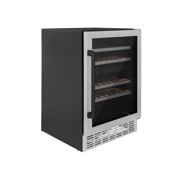 ZLINE 24" Autograph Edition Dual Zone 44-Bottle Wine Cooler in Stainless Steel with Wood Shelf and Matte Black Accents (RWVZ-UD-24-MB)