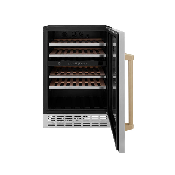 ZLINE 24" Autograph Edition Dual Zone 44-Bottle Wine Cooler in Stainless Steel with Wood Shelf and Champagne Bronze Accents (RWVZ-UD-24-CB)