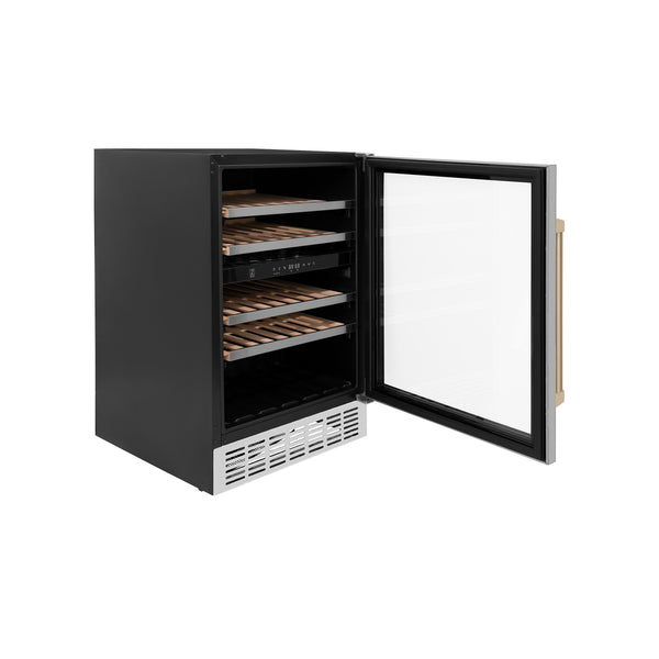 ZLINE 24" Autograph Edition Dual Zone 44-Bottle Wine Cooler in Stainless Steel with Wood Shelf and Champagne Bronze Accents (RWVZ-UD-24-CB)