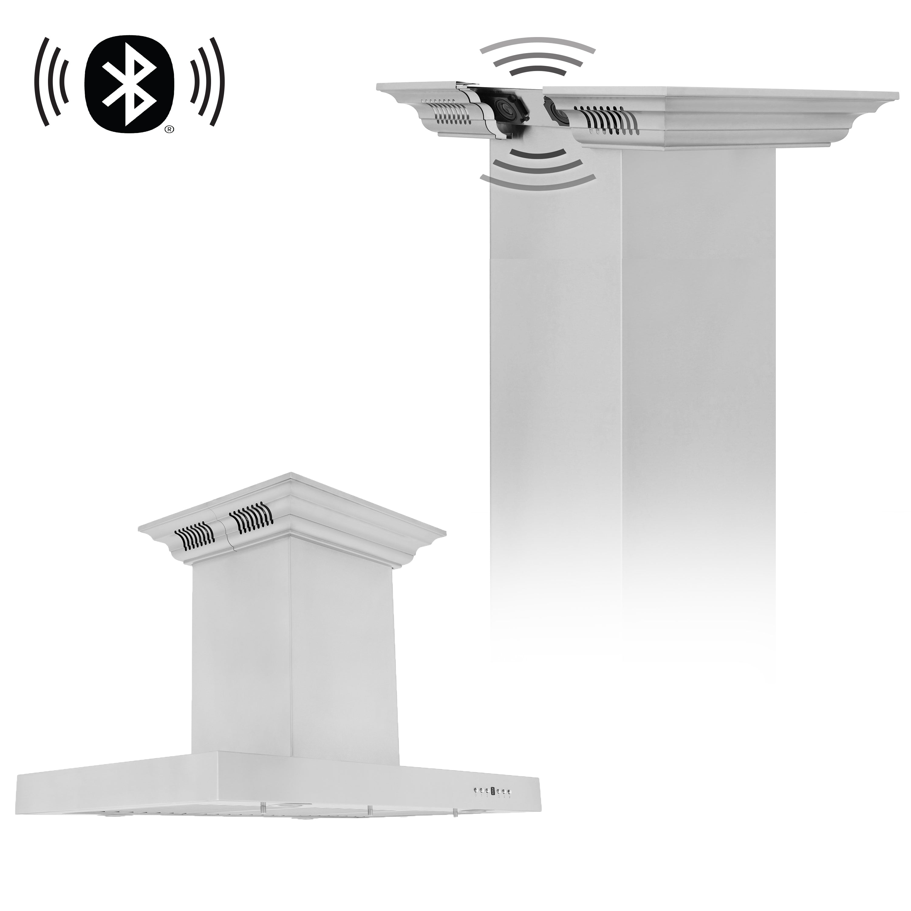 ZLINE Island Mount Range Hood in Stainless Steel with Built-in CrownSound® Bluetooth Speakers (KE2iCRN-BT)