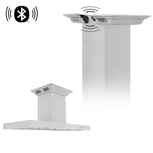 ZLINE Island Mount Range Hood in Stainless Steel with Built-in CrownSound® Bluetooth Speakers (KE2iCRN-BT)