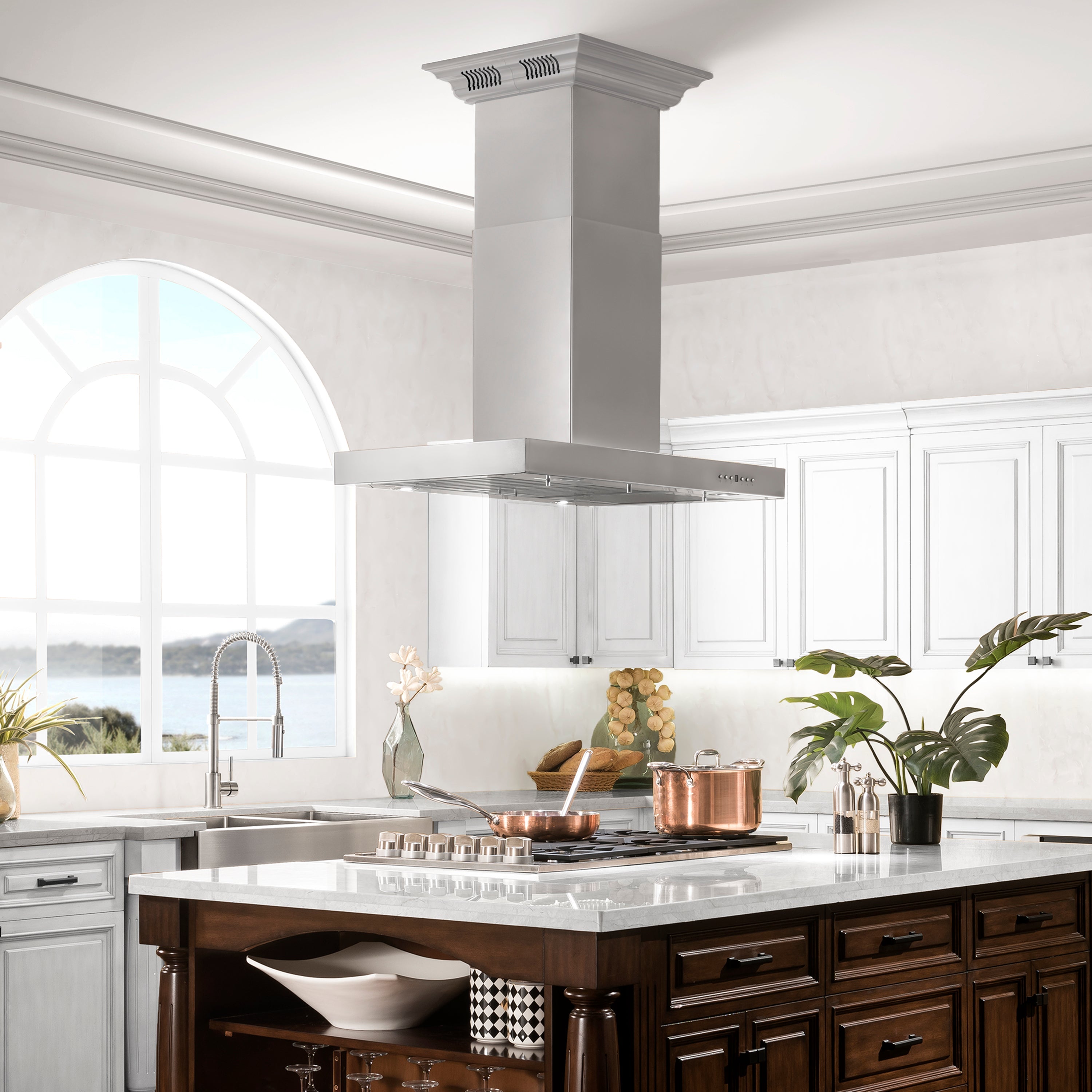 ZLINE Island Mount Range Hood in Stainless Steel with Built-in CrownSound® Bluetooth Speakers (KE2iCRN-BT)