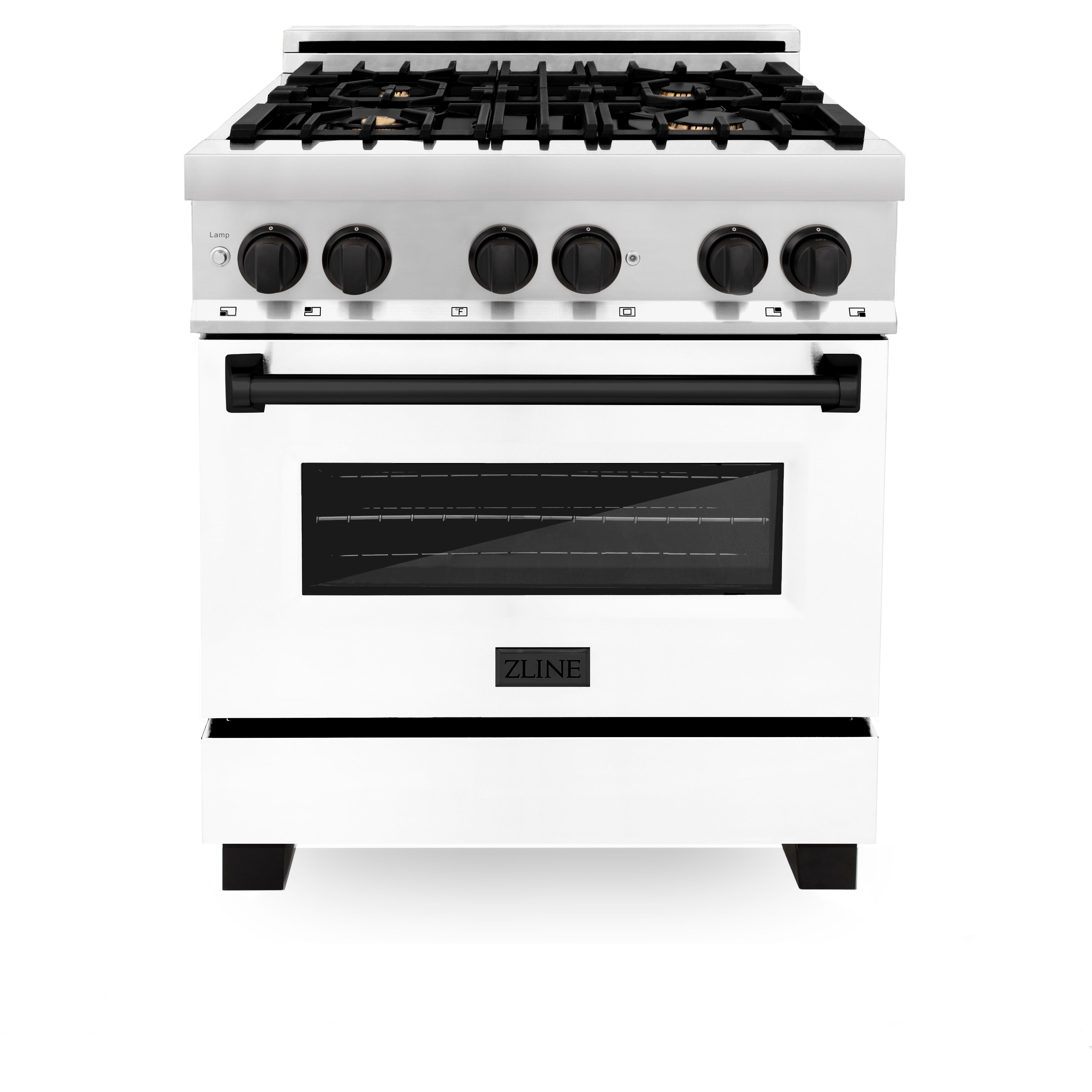 ZLINE Autograph Edition 30" 4.0 cu. ft. Dual Fuel Range with Gas Stove and Electric Oven in Stainless Steel with White Matte Door and Accents (RAZ-WM-30)