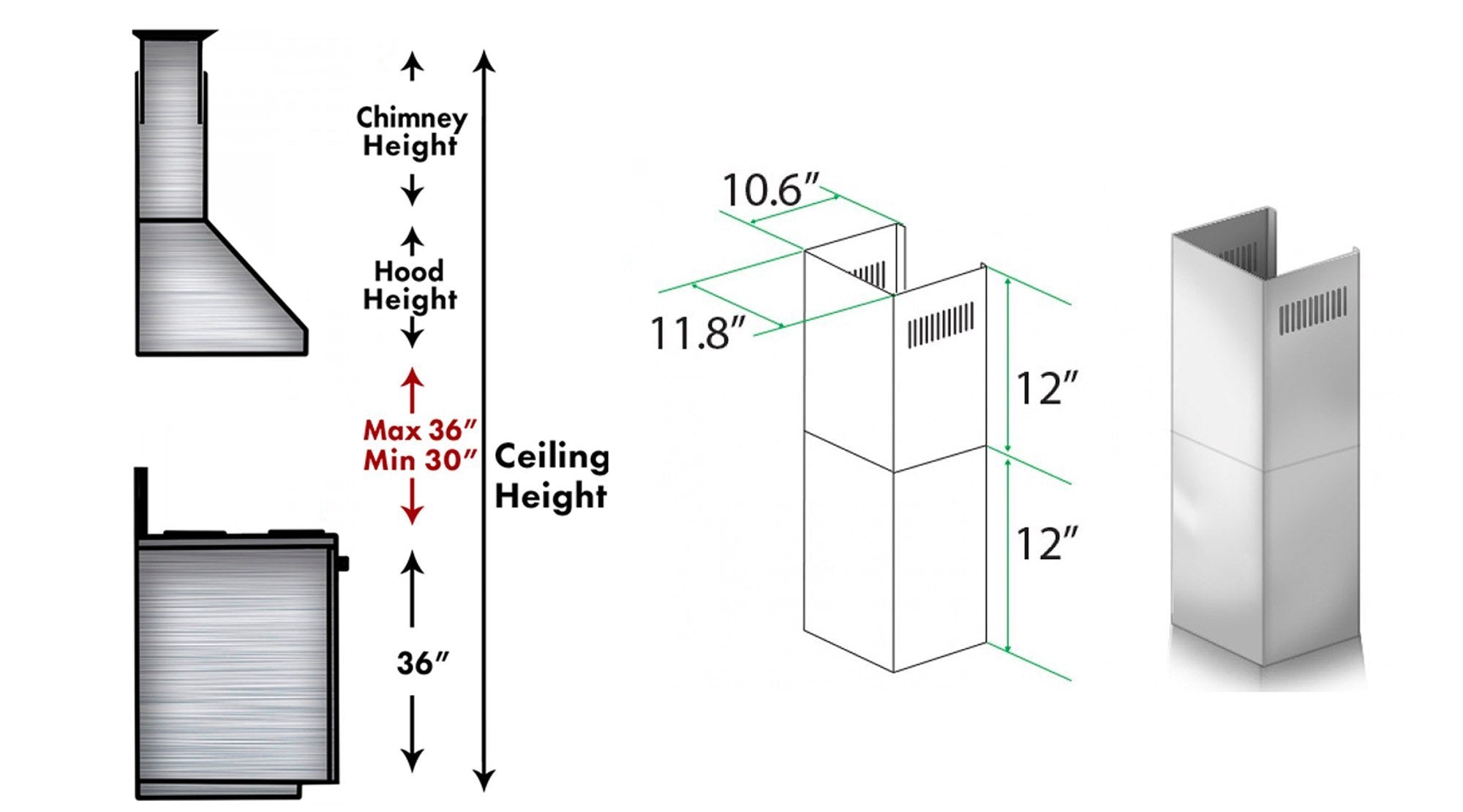 ZLINE 2-12" Short Chimney Pieces for 7.7 ft. to 8 ft. Ceilings (SK-587/597)