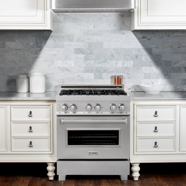 ZLINE 30" 4.0 cu. ft. Dual Fuel Range with Gas Stove and Electric Oven in DuraSnow® Stainless Steel with Color Door Options (RAS-SN-30)