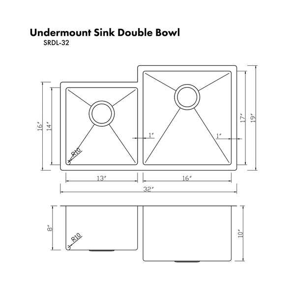 ZLINE 32" Jackson Undermount Double Bowl Kitchen Sink with Bottom Grid (SRDL-32)