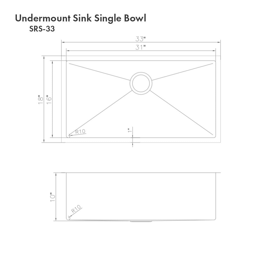 ZLINE 33" Meribel Undermount Single Bowl Kitchen Sink with Bottom Grid (SRS-33)