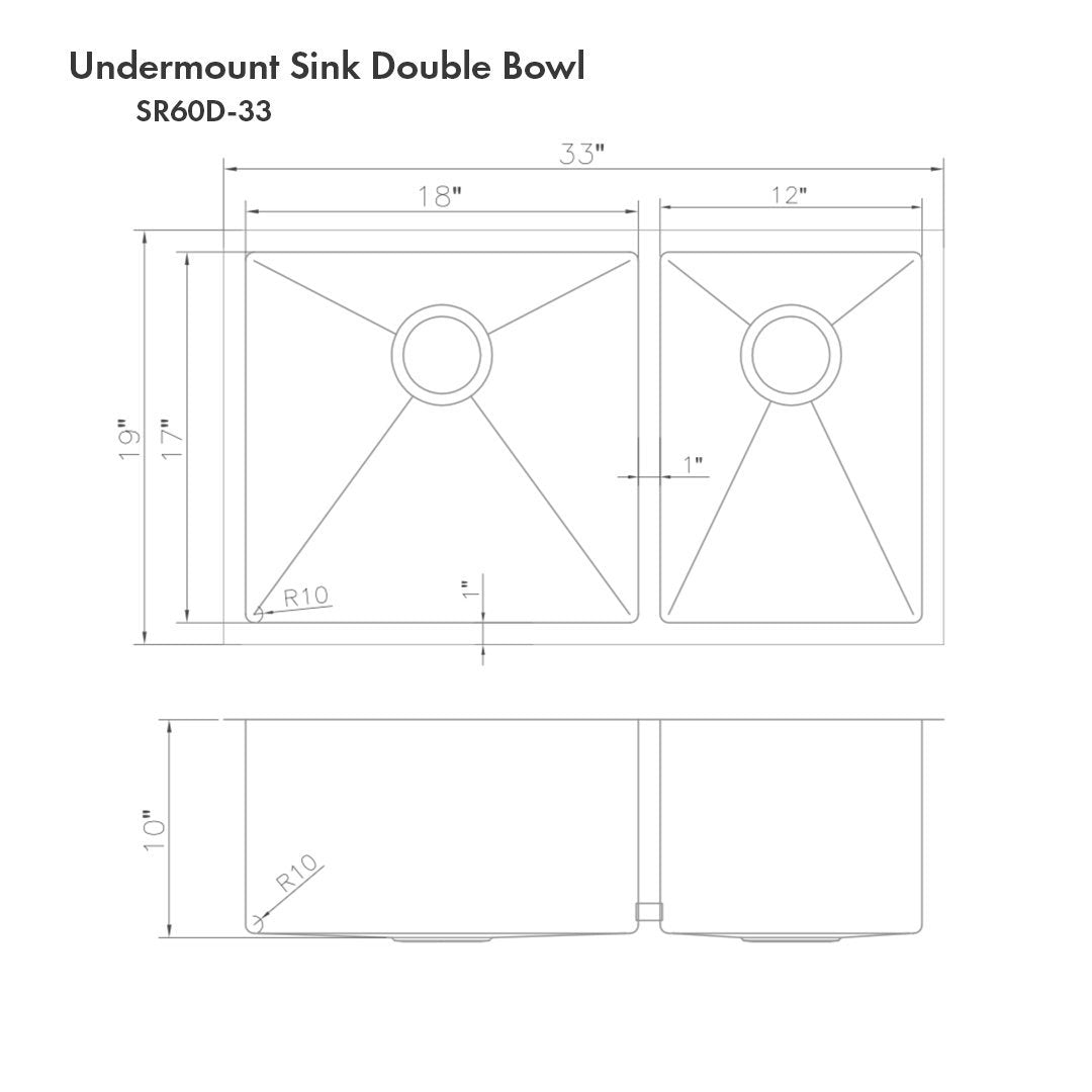 ZLINE 33" Chamonix Undermount Double Bowl Kitchen Sink with Bottom Grid (SR60D-33)