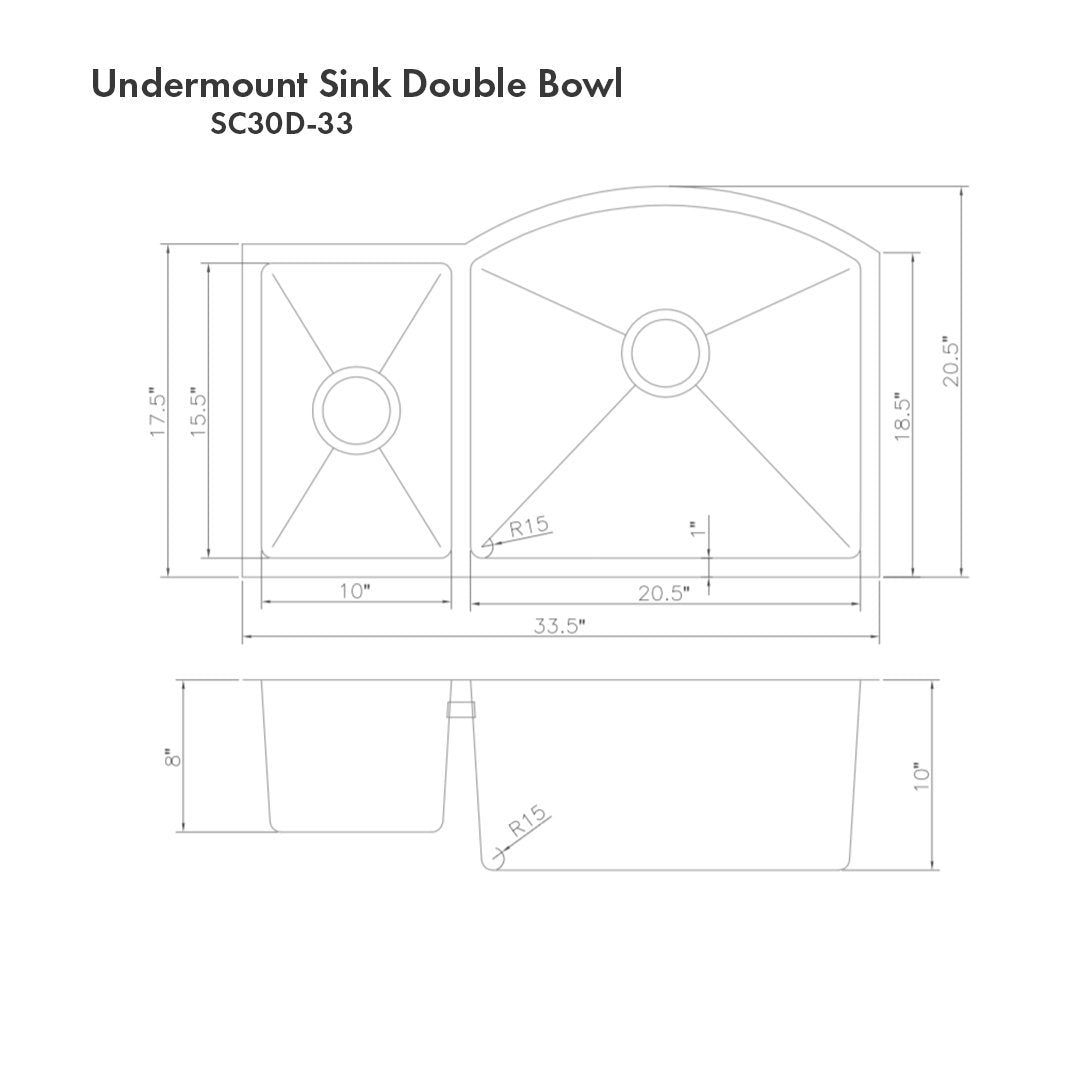 ZLINE 33" Aspen Undermount Double Bowl Kitchen Sink with Bottom Grid (SC30D)