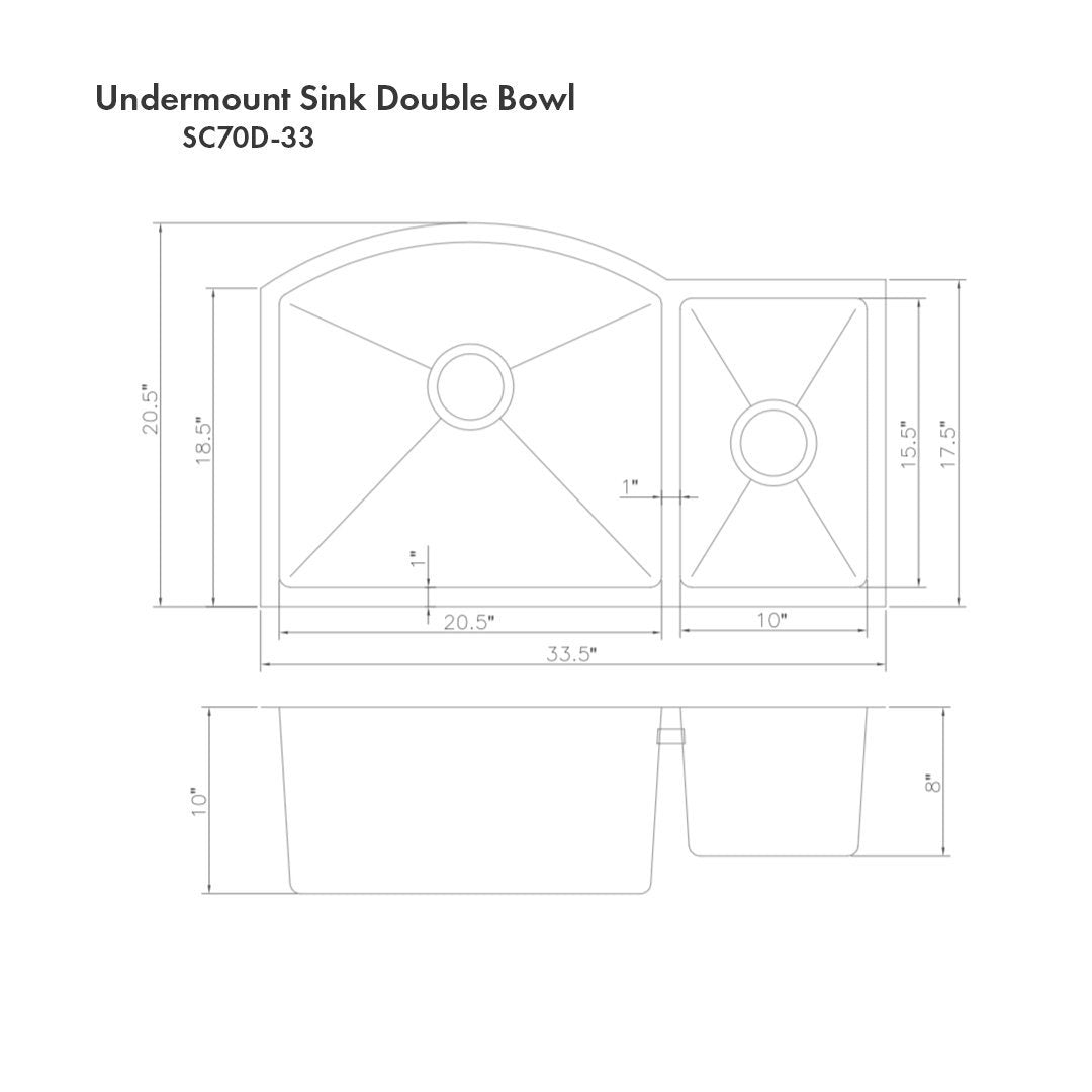 ZLINE 33" Cortina Undermount Double Bowl Kitchen Sink with Bottom Grid (SC70D)