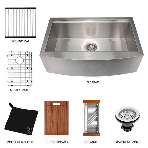 ZLINE 33" Moritz Farmhouse Apron Mount Single Bowl Kitchen Sink with Bottom Grid and Accessories (SLSAP-33)