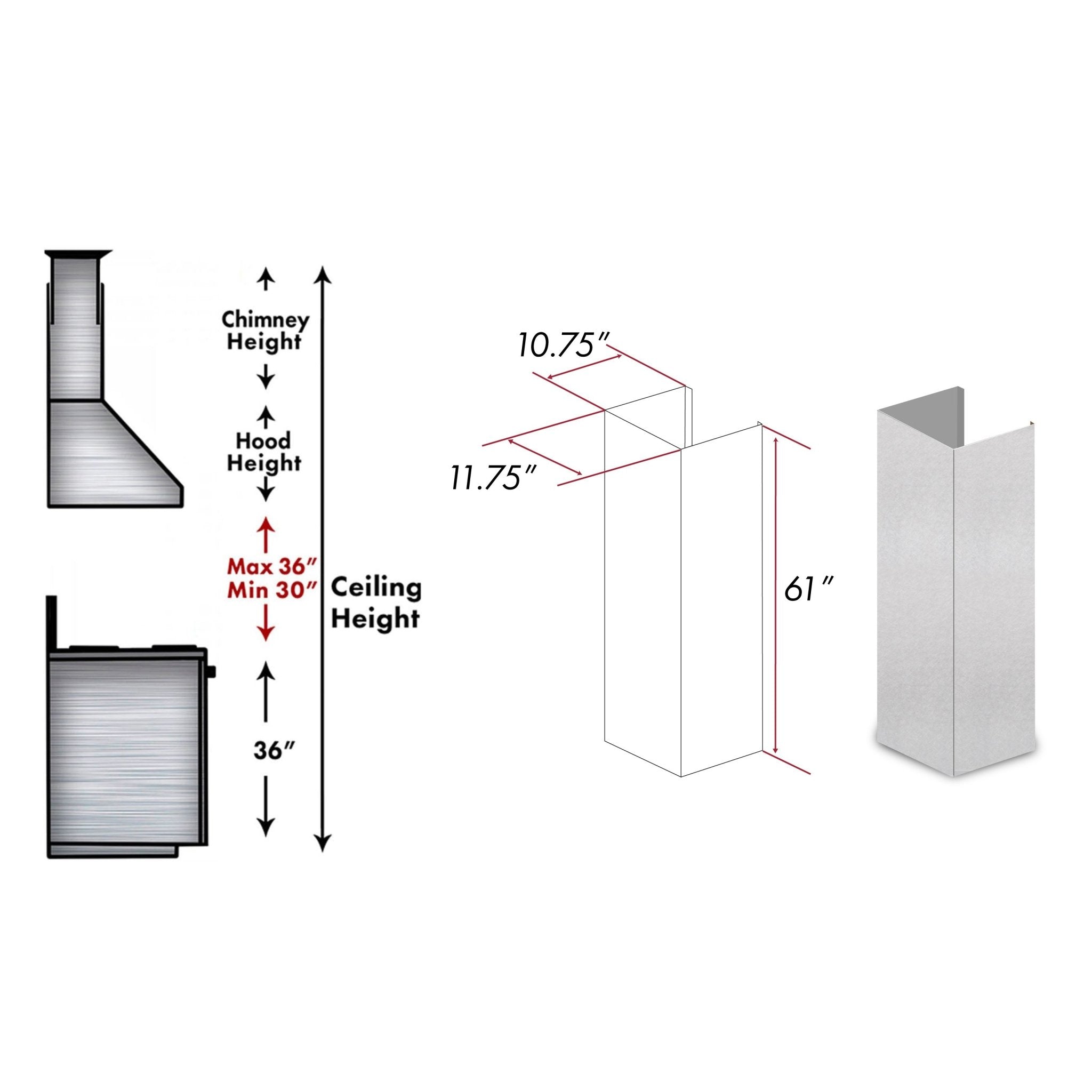 ZLINE 61" DuraSnow® Stainless Steel Chimney Extension for Ceilings up to 12.5 ft. (8KES-E)