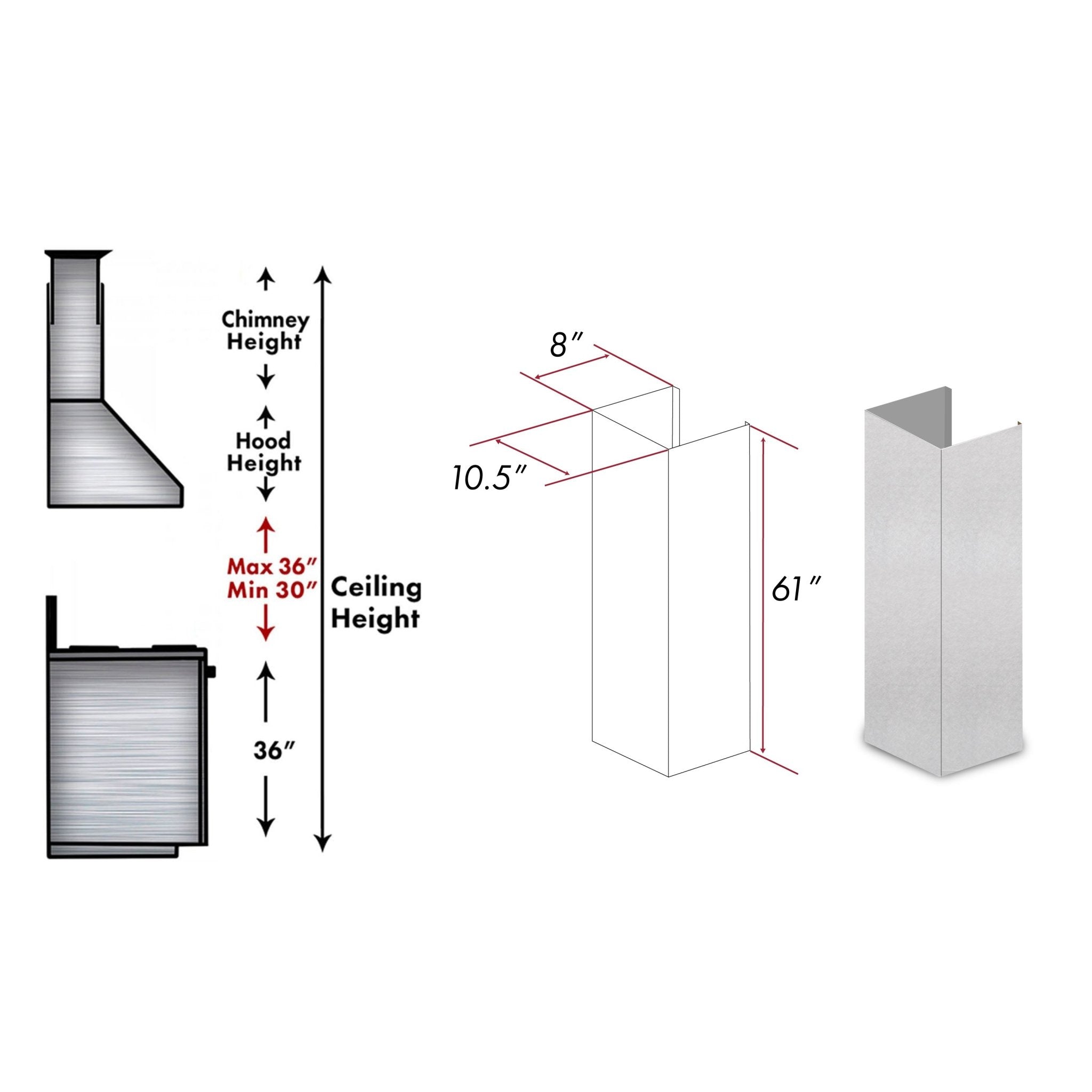 ZLINE 61" DuraSnow® Stainless Steel Chimney Extension for Ceilings up to 12.5 ft. (8KF2S-E)