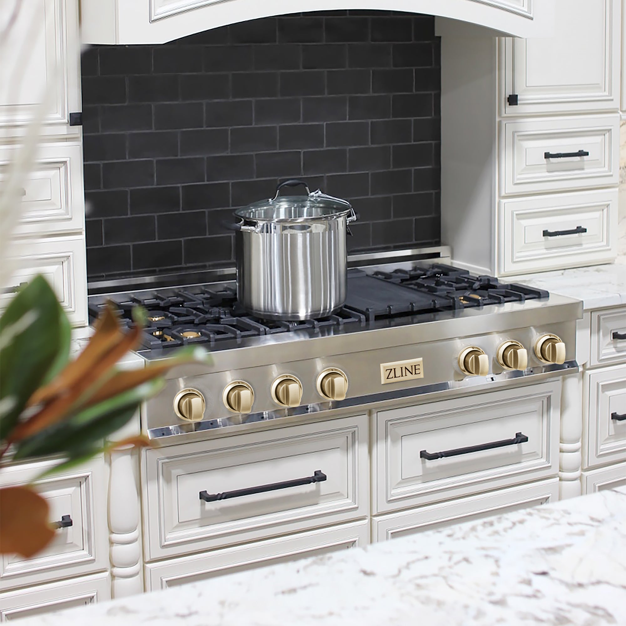 ZLINE Autograph Edition 48" Porcelain Rangetop with 7 Gas Burners in Stainless Steel and Accents (RTZ-48)
